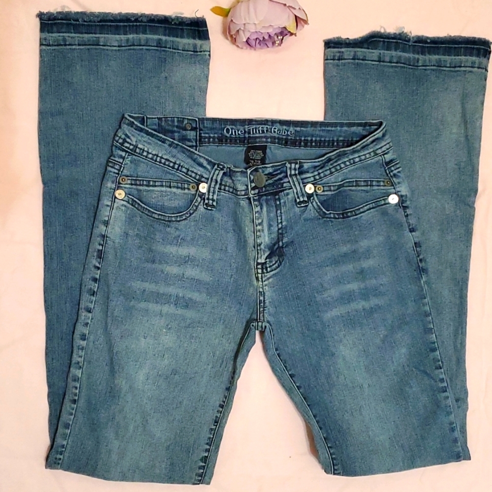 One Tuff Babe Jeans Women Blue Straight Leg Size 7/8 Faded